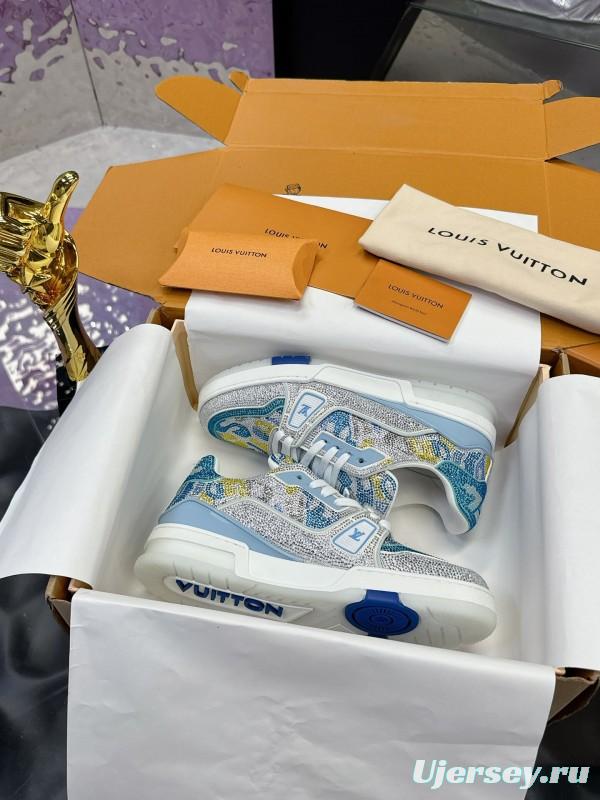 2025 Unisex Louis Vuitton Blue Yellow White Leather Denim Plimsolls Handcrafted Rhinestone AS00400