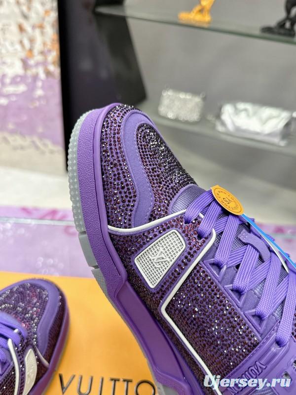 2025 Women Louis Vuitton Purple Blue Leather Plimsolls Handcrafted Rhinestone AS00400