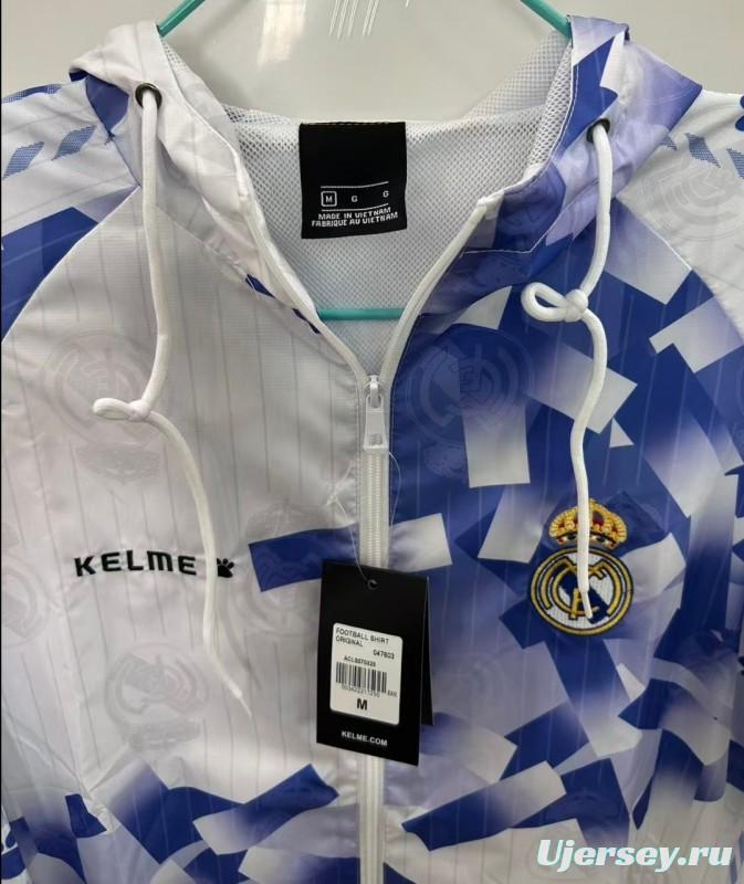 25/26 Real Madrid White with Blue Geometric Pattern Windbreaker