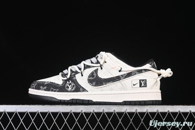 Nike SB Dunk Low LV Collaboration Black Floral Drawstring Anniversary High-End Custom Low-Top Casual Skate Shoes - YX5066-385