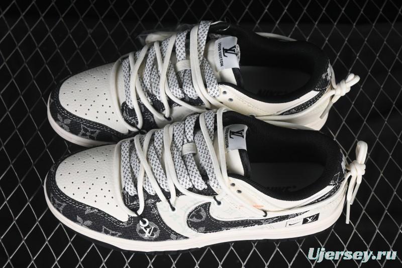 Nike SB Dunk Low LV Collaboration Black Floral Drawstring Anniversary High-End Custom Low-Top Casual Skate Shoes - YX5066-385