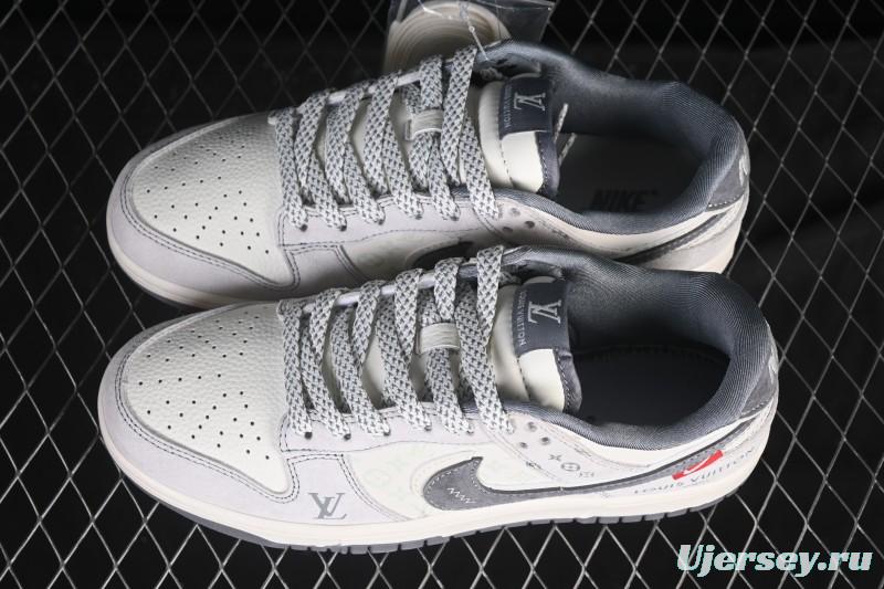 Nike SB Dunk Low LV Collaboration Gray White Double Swoosh Anniversary High-End Custom Low-Top Casual Skate Shoes - CX5050-Y20