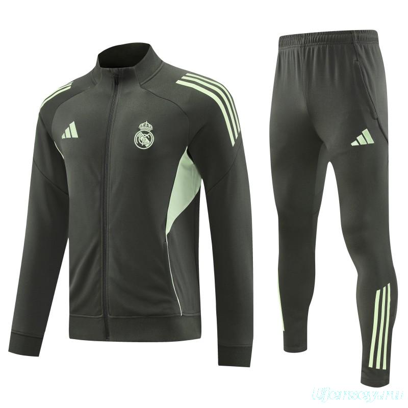 25/26 Real Madrid Dark Grey with Neon Green Stripes Half Zipper Jacket Tracksuit +Long Pants