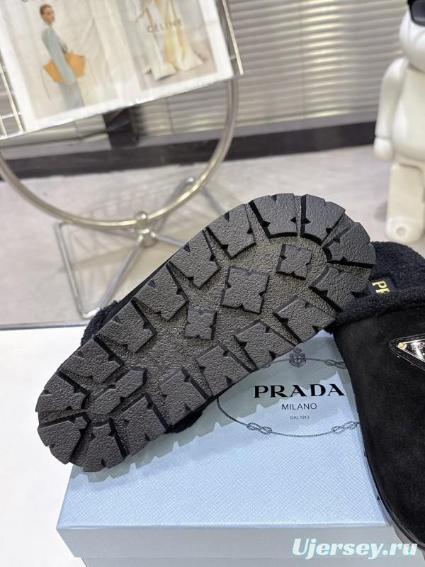 Prada 2025 Fall Winter New Fur Mule Slippers Triangle Buckle Bread Toe Half Slippers - KFY00270