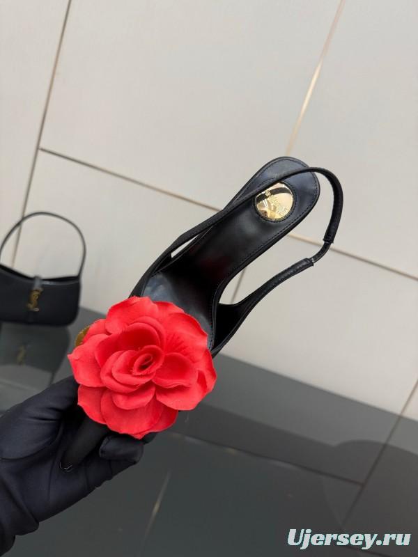 Saint Laurent 2025 SS Rose Thorn High Heels with Sculptural Gold Heel - KFY00320