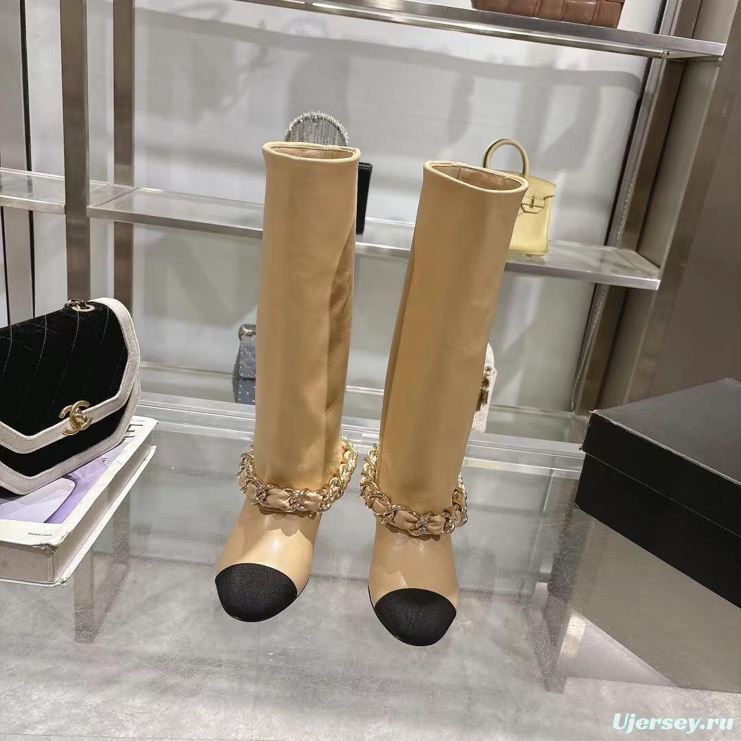 Chanel 2025/SS Autumn/Winter Runway Turned-Cuff Large Chain Block Heel Boots - LY00510