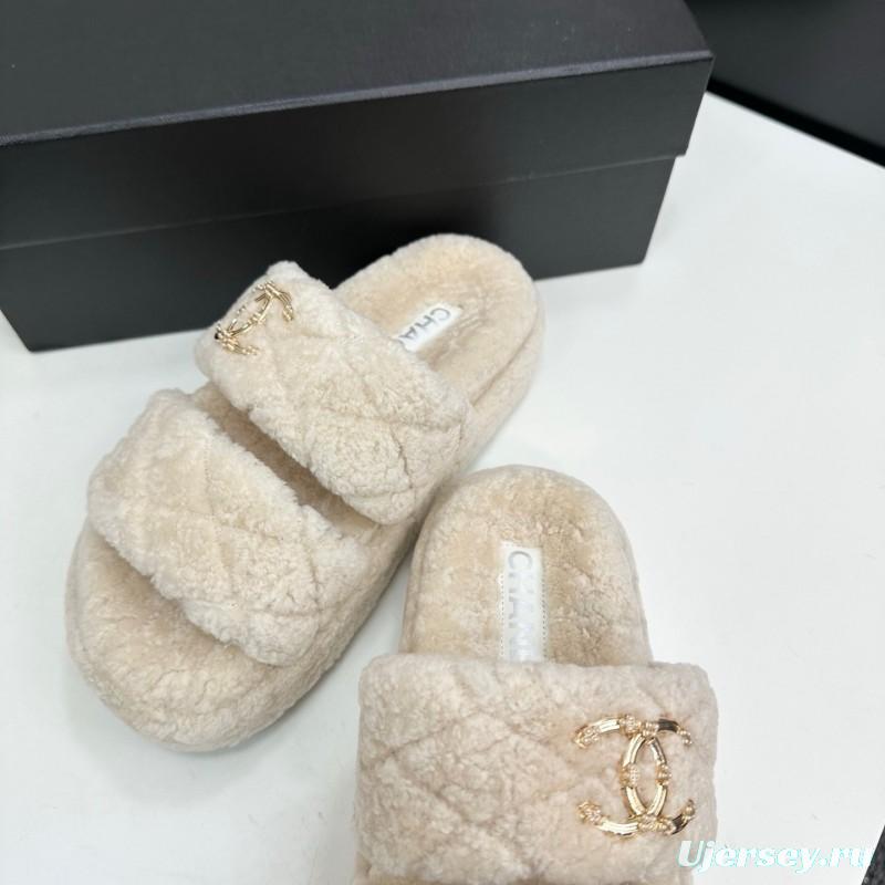 Chanel 2025 SS New Autumn Winter Lazy Sheep Genuine Wool Lazy Slippers Chanel Quilted Thick Sole Fur Slides - LY00300