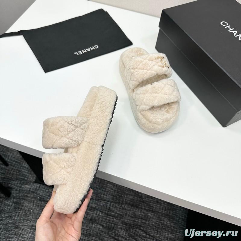 Chanel 2025 SS New Autumn Winter Lazy Sheep Genuine Wool Lazy Slippers Chanel Quilted Thick Sole Fur Slides - LY00300
