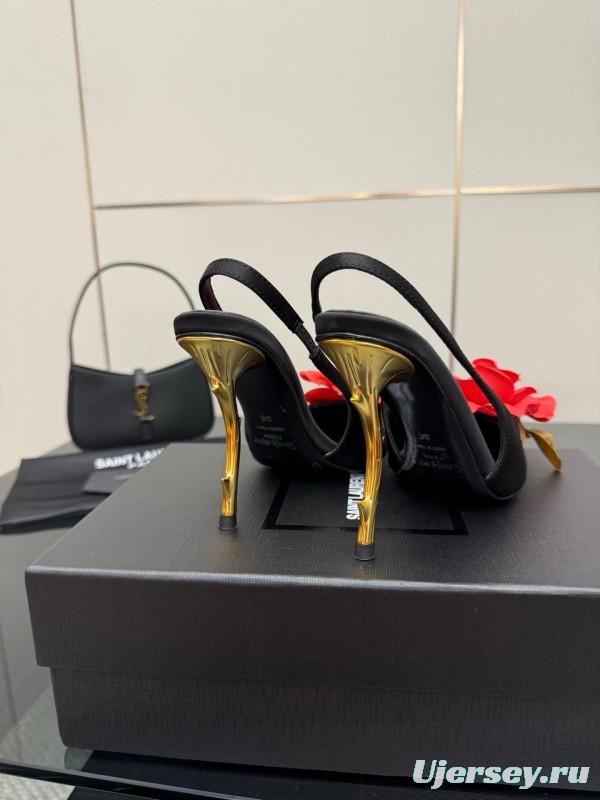 Saint Laurent 2025 SS Rose Thorn High Heels with Sculptural Gold Heel - KFY00320
