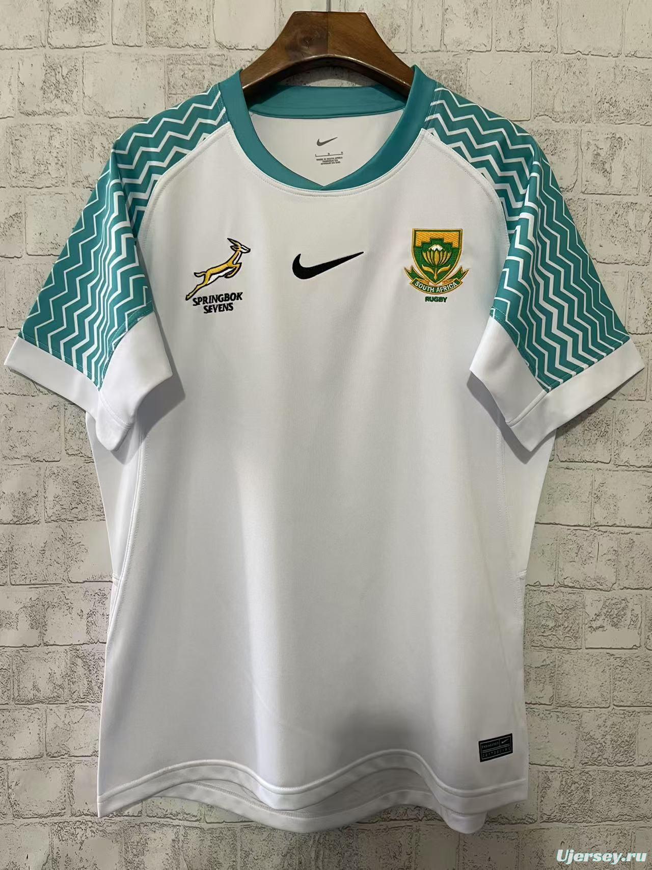 25/26 South Africa Springbok Sevens White with Teal Chevron Sleeves Jersey