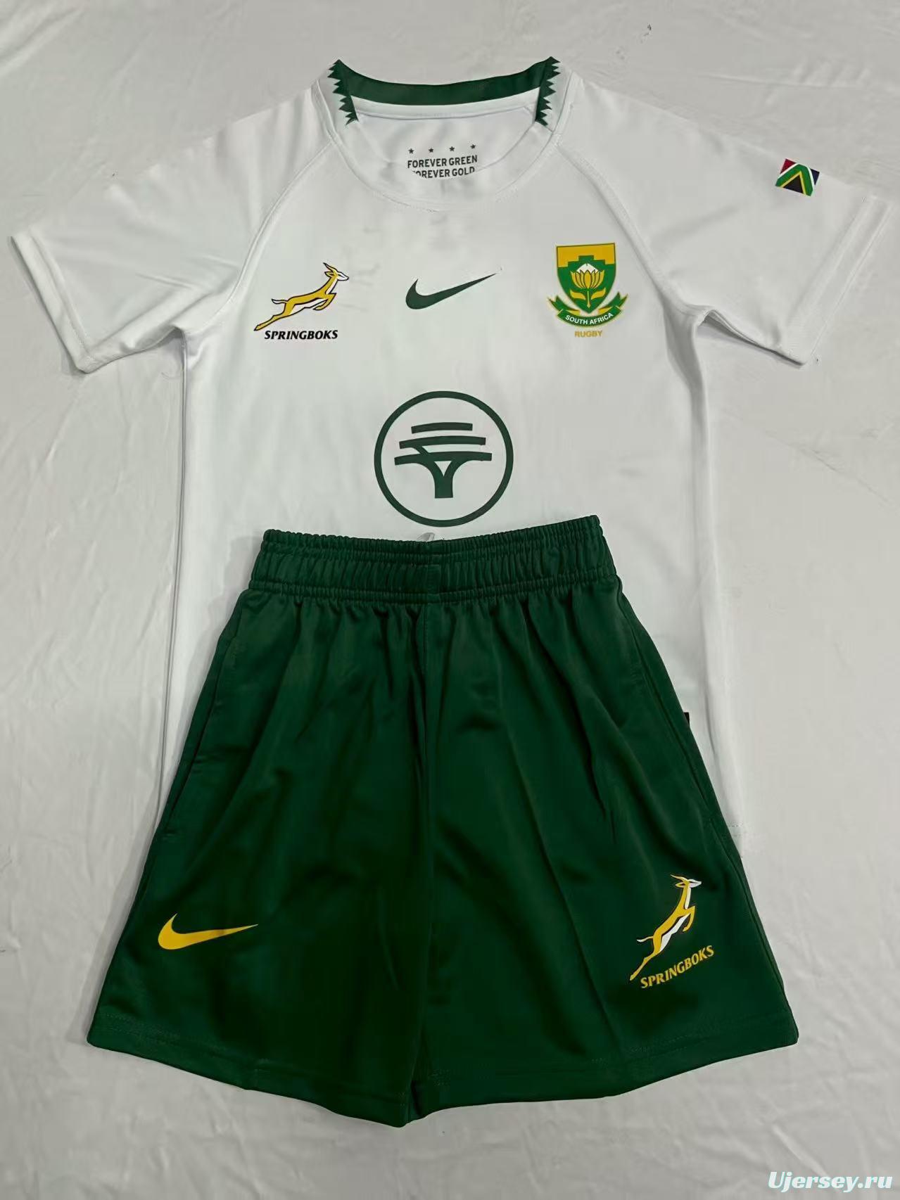 2026 Kids South Africa Away Springboks White with Green Trim Rugby Jersey