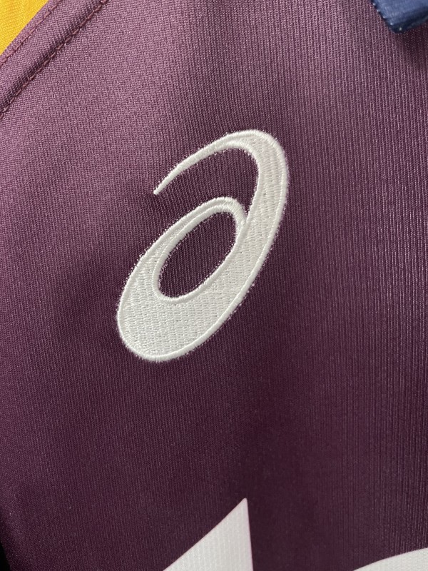 25/26 Brisbane Broncos Maroon with Blue Striped Sleeves and Gold Geometric Jersey