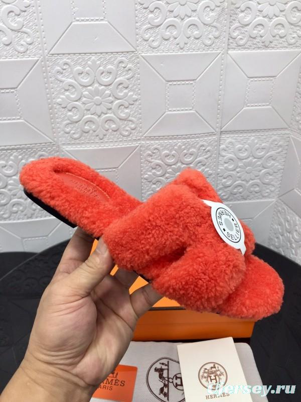 H Teddy Wool H Slippers Flat Sole Fur Slides - LY00240