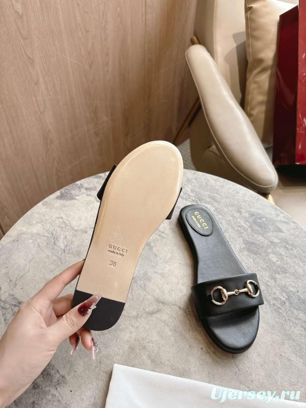 Gucci 2025/SS Leather Mule Sandals with Light Gold Hardware - 8023-3