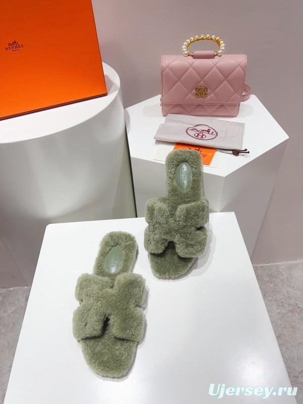 H Teddy Wool H Slippers Flat Sole Fur Slippers for Autumn Winter - LY00240