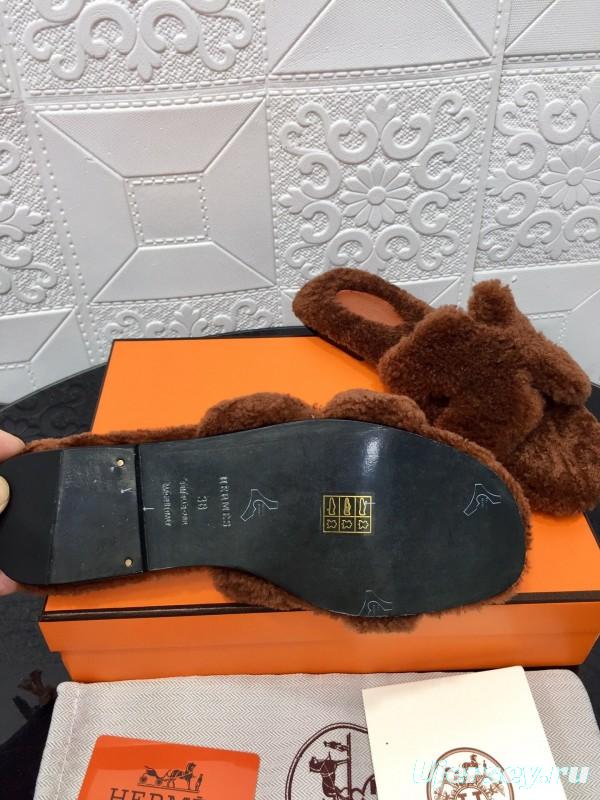 H Teddy Wool H Slippers Flat Sole Winter Fur Slippers - LY00240