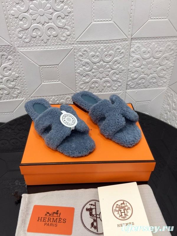 H Teddy Wool H Slippers Flat Sole Autumn Winter - LY00240