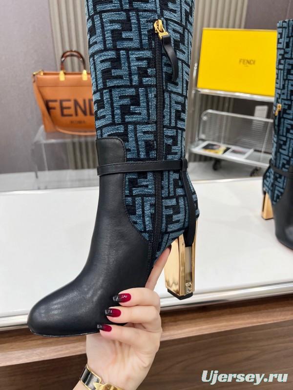 FENDI Delfina Round Toe Boots with FF Buckle and Heel Detail - LY00