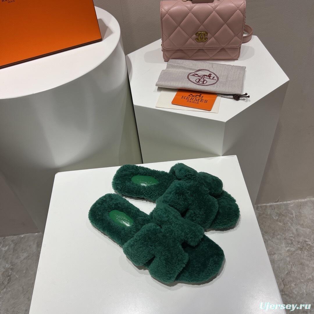 H Teddy Wool H Slippers Flat Sole Fur Slippers - LY00240