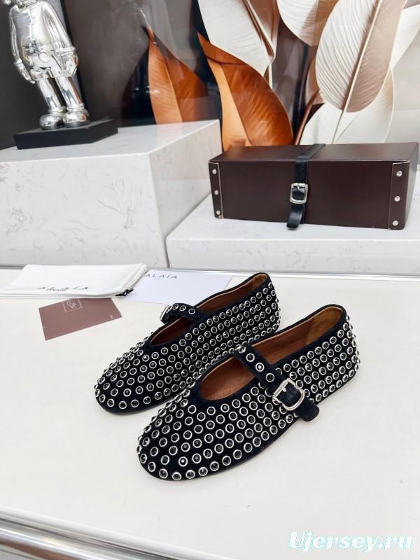 Alaia 2025/SS Crystal-Studded Ballet Dance Shoes with Inner Cushioning and 0.8CM Height Increase - LY00340