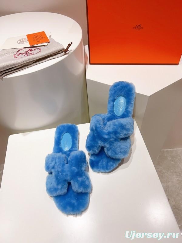 Hermès Teddy Wool H Slippers Flat Sole Fur Slides - LY00240