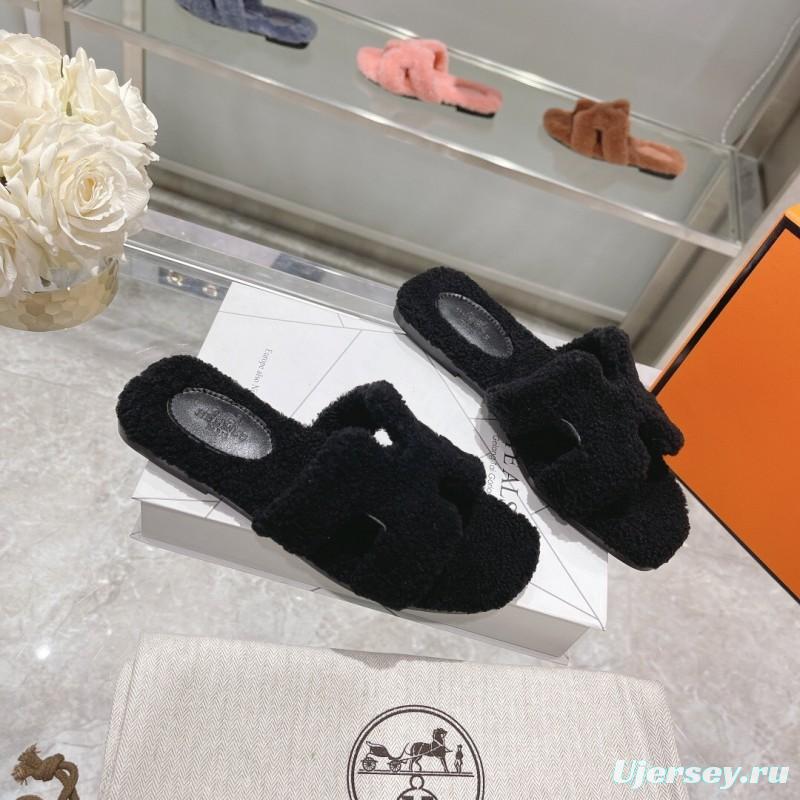 H Teddy Wool H Slippers Flat Sole Autumn Winter - LY00240