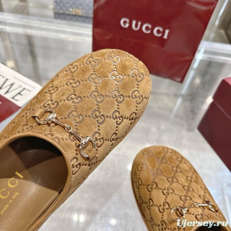Gucci Camel Suede GG Embossed Horsebit Mule Sandals - LY00240