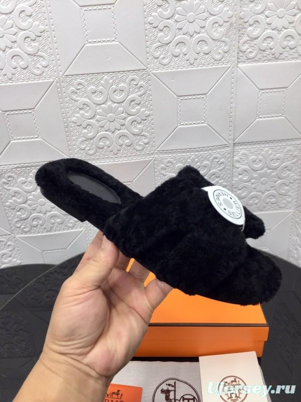 H Teddie Wool H Slippers Flat Sole Fur Slides - LY00240
