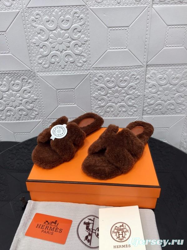 H Teddy Wool H Slippers Flat Sole Winter Fur Slippers - LY00240