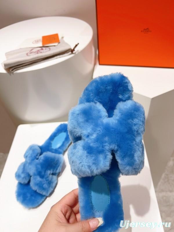 Hermès Teddy Wool H Slippers Flat Sole Fur Slides - LY00240
