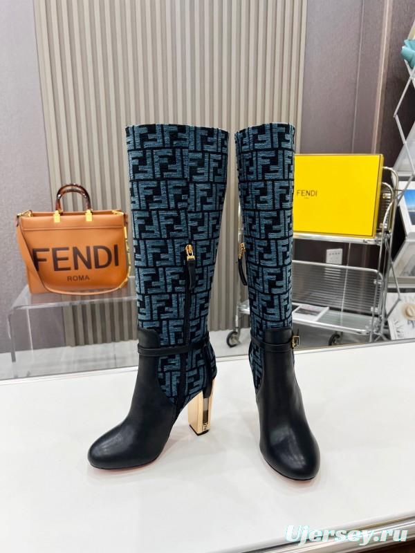 FENDI Delfina Round Toe Boots with FF Buckle and Heel Detail - LY00