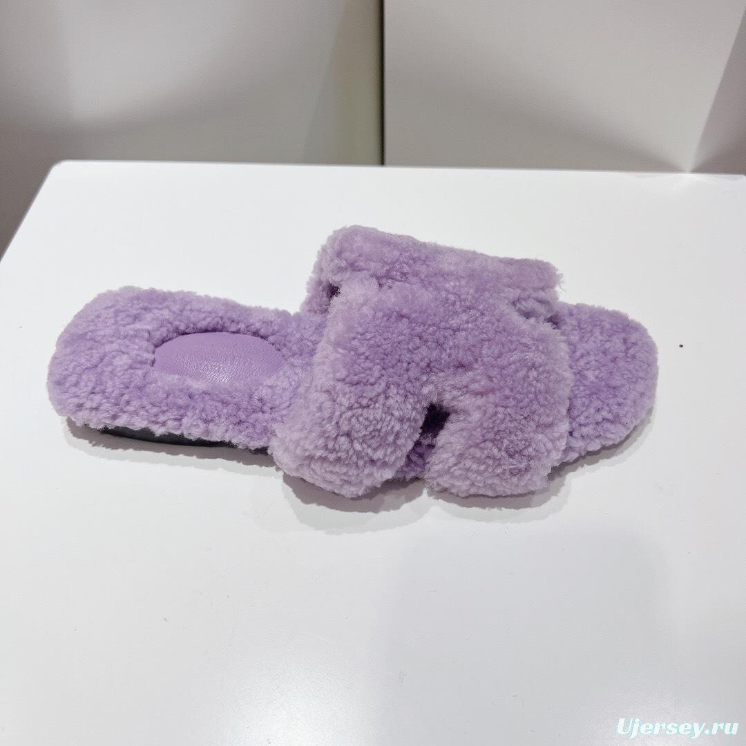 Hermès 2025 SS Teddy Wool H Slippers Flat Fur Slippers - LY00240