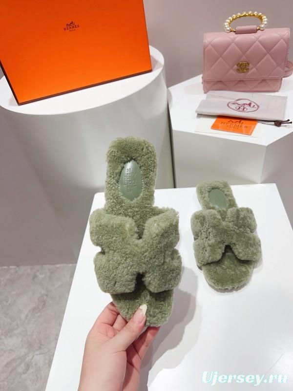 H Teddy Wool H Slippers Flat Sole Fur Slippers for Autumn Winter - LY00240