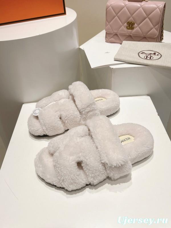 H Love Erjiu Full Wool Slippers with Slightly Curled Fur - LY00270
