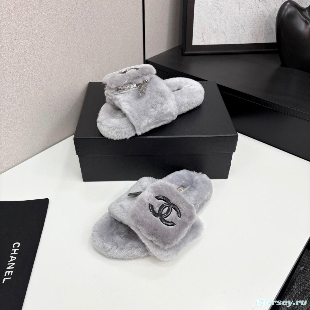 Chanel Fluffy Slippers Latest Color Design with Rubber Sole - LY00270