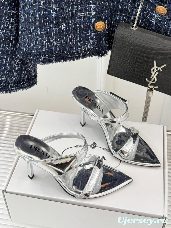 Prada Pointed Toe High Heel Sandals with Triangle Buckle - KFY00280