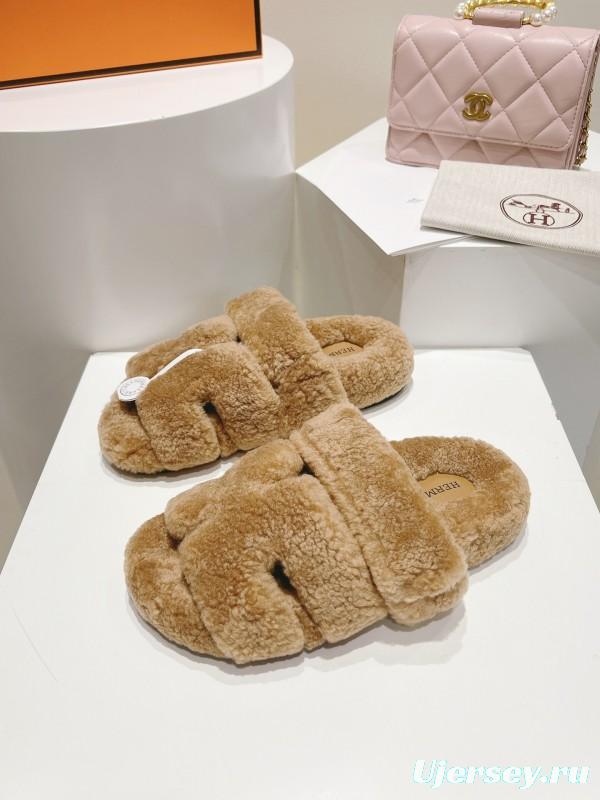 H Love Erjiu Full Wool Slippers with Slightly Curled Fur - LY00270