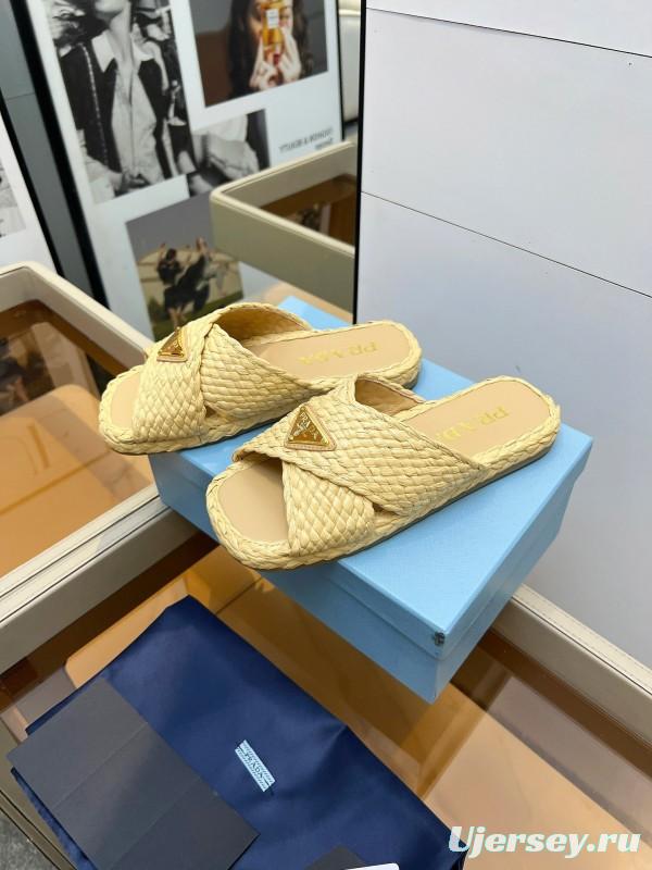 Prada Raffia Handwoven Cross Sandals 2025SS - KFY00260