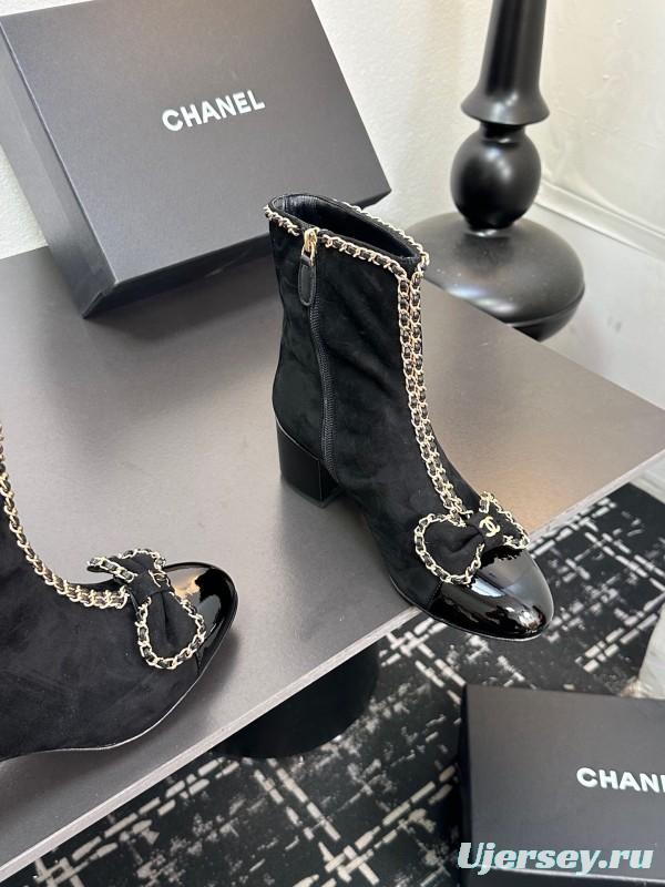 Chanel 2025 SS Chain Bow Chunky Heel Ankle Boots - LY00370
