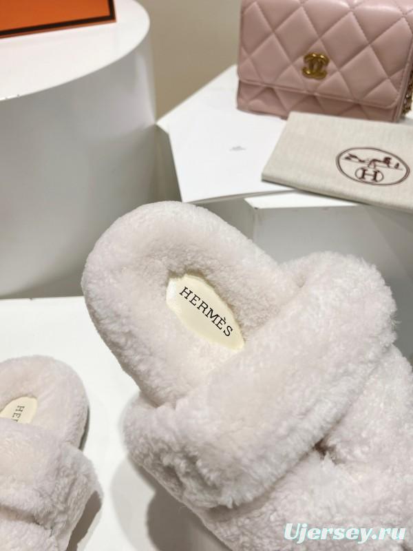 H Love Erjiu Full Wool Slippers with Slightly Curled Fur - LY00270