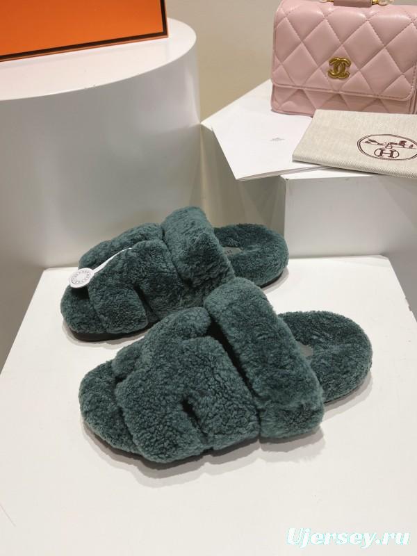 H Love Erjiu Full Wool Slippers with Slightly Curled Wool - LY00270