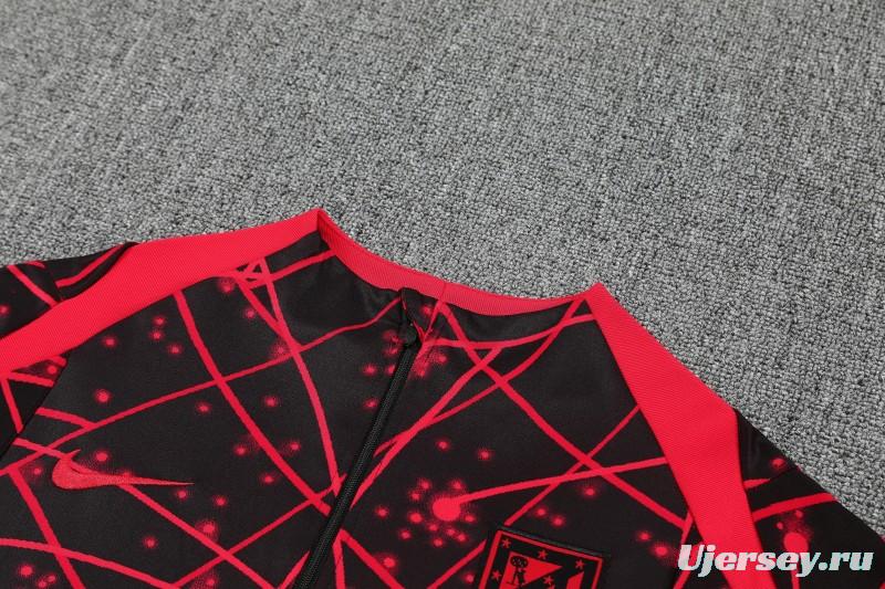 25/26 Atletico Madrid Black with Red Geometric Lines Pattern Half Zipper Jacket Tracksuit +Long Pants