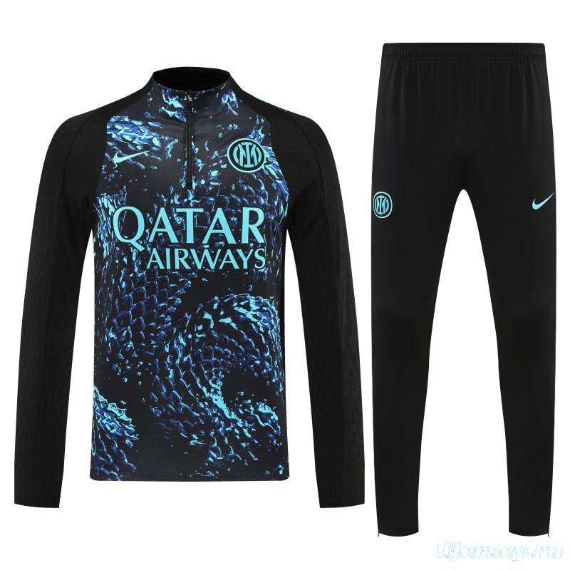 Player Version 25/26 Inter Milan Black with Blue Water Splash Pattern Half Zipper Jacket Tracksuit +Long Pants