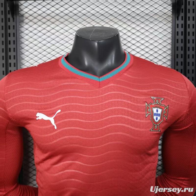 Player Version 2026 Portugal Home Long Sleeve Red with Horizontal Wave Pattern Jersey