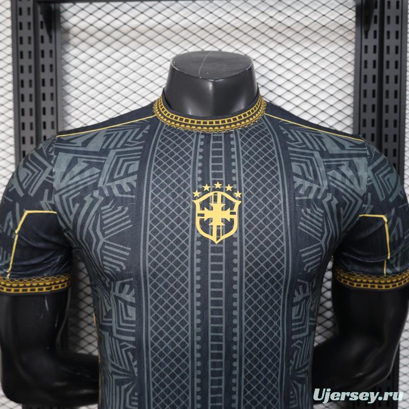 2026 Player Version Brazil Black with Gold Geometric Tribal Pattern Jersey