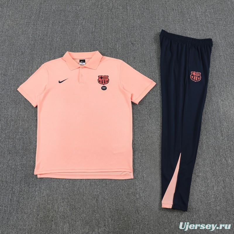 26/27  Barcelona Salmon Pink  Polo Training Shirt + Navy Blue Long Pants Tracksuit