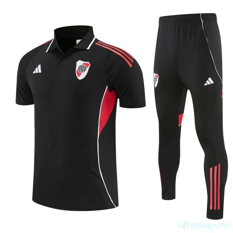 26/27 River Plate Black Polo Training Shirt + Long Pants Tracksuit