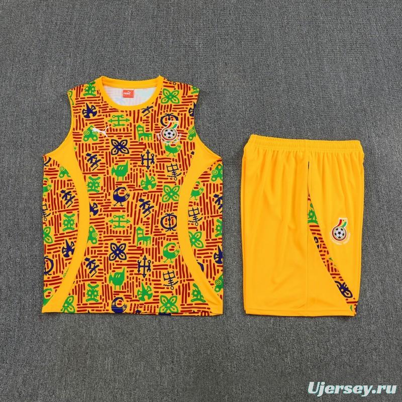 25/26 Ghana Yellow Adinkra Symbol Print Sleeveless Training Suit + Shorts