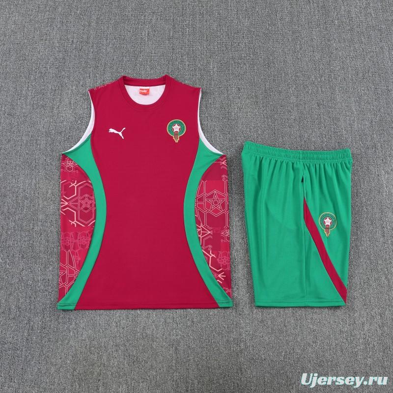 26/27 Morocco Red Sleeveless Training Vest +Green Shorts Set
