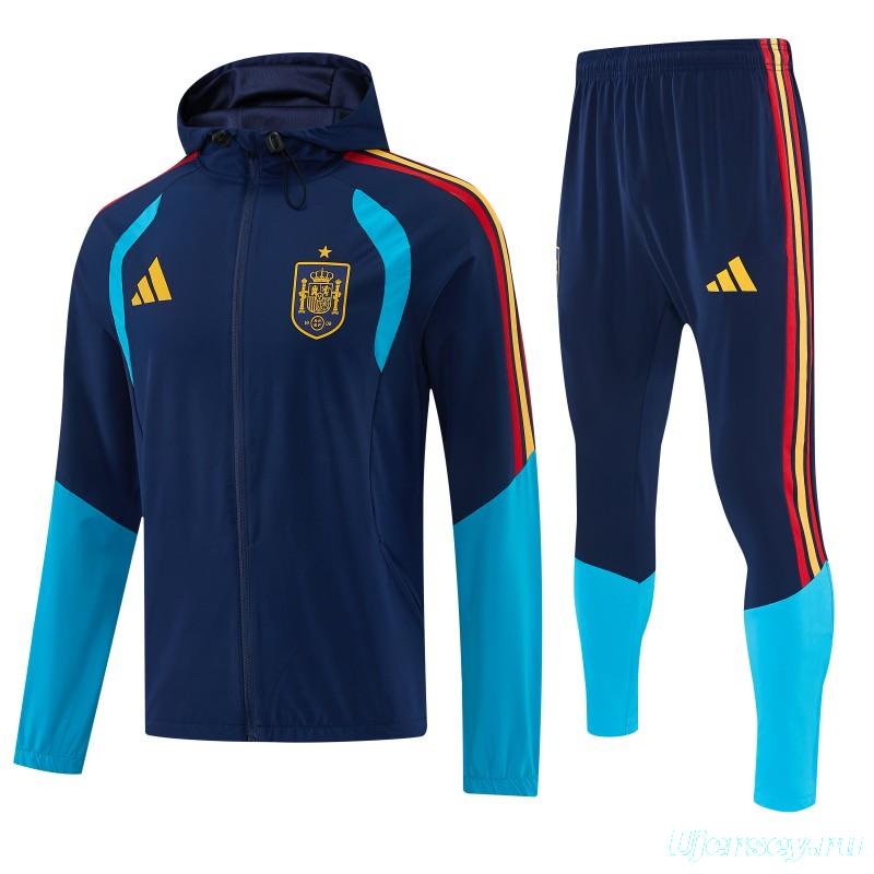 26/27  Spain Navy Blue & Light Blue Full Zipper Hooded Jacket Tracksuit + Long Pants